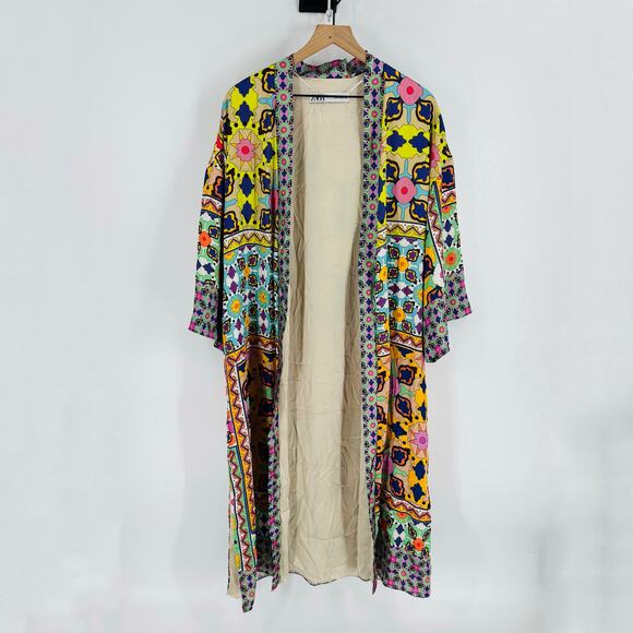 Zara Multicolor Boho Patchwork Maxi Kimono Duster Coat Size Small No Belt - Picture 1 of 9